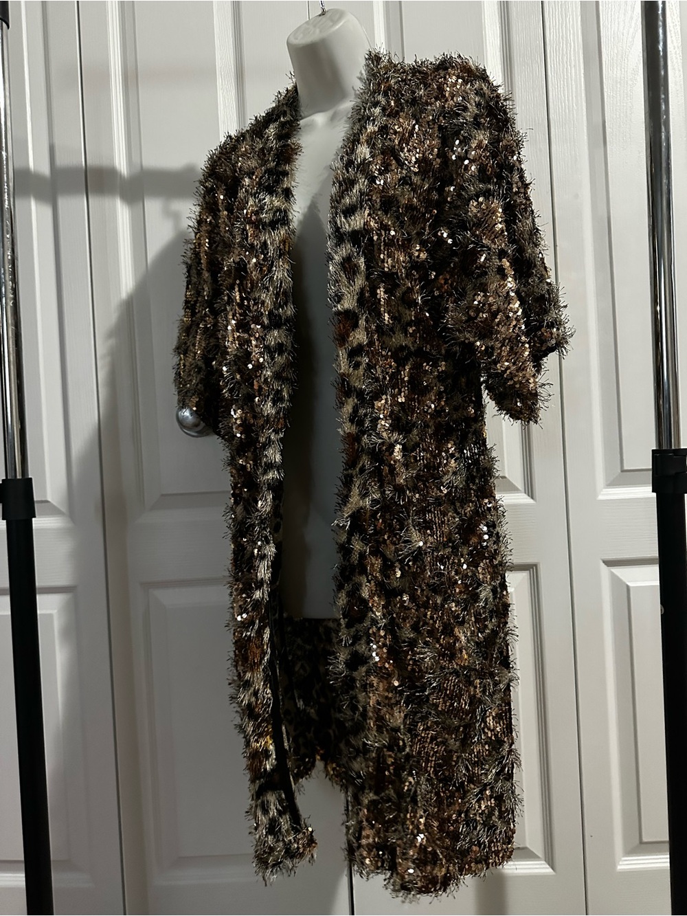 Leopard Sequin Fuzzy Kimono Cardigan - Brown